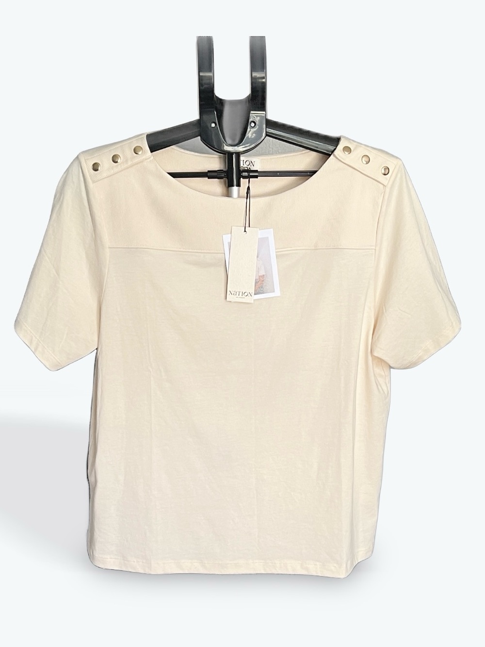 Nation LTD Cream Short Sleeve Tee with Shoulder Snap Details Retail $128